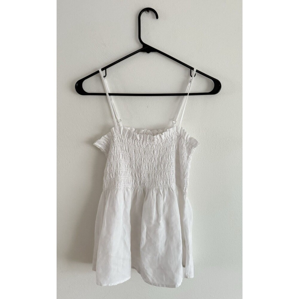 Anthropologie Cloth & Stone Smocked Linen Blend Blouse Size M White Tank Top